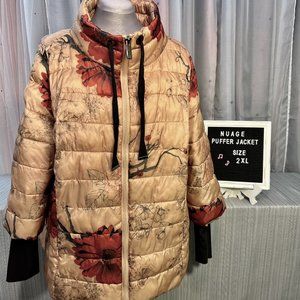 Unique Nuage Puffer Jacket: Tan with Red Flowers 2X